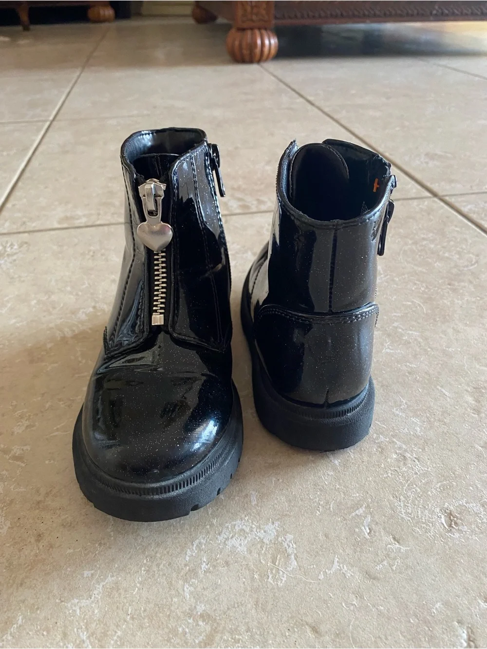 Cat & Jack Black Patent Kids Zip Boots with Heart Pulls